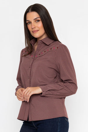 Carraig Donn Plum Checked Embroidered Detail Long Sleeve Shirt
