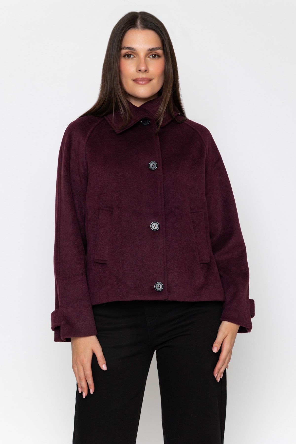 Plum Funnel Neck Long Sleeve Short Coat