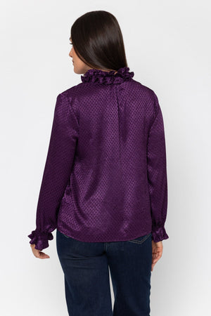 Carraig Donn Plum Jacquard Satin Ruffle Hem Long Sleeve Blouse