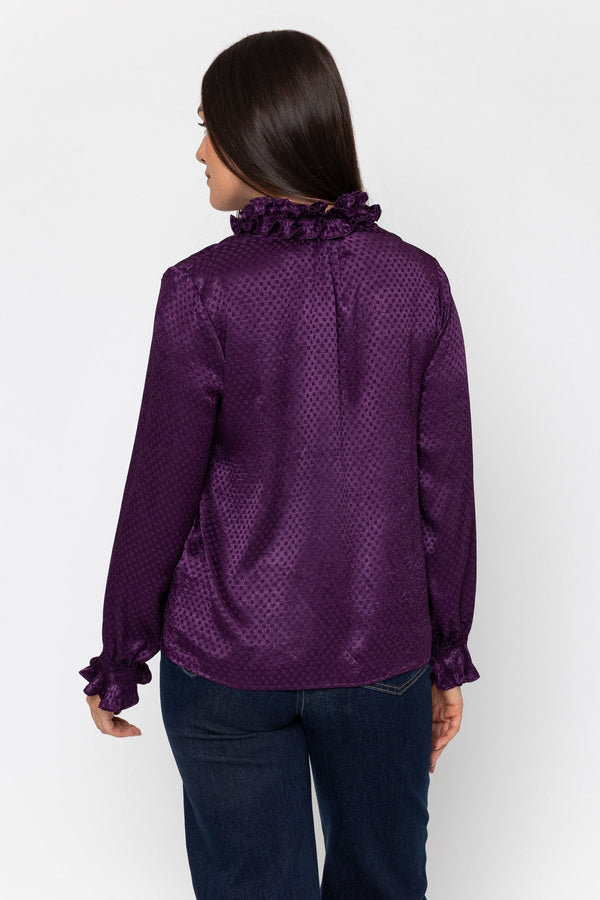 Carraig Donn Plum Jacquard Satin Ruffle Hem Long Sleeve Blouse