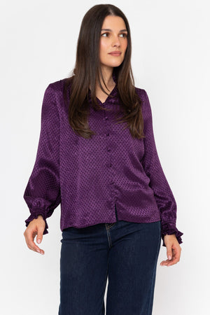 Carraig Donn Plum Jacquard Satin Ruffle Hem Long Sleeve Blouse
