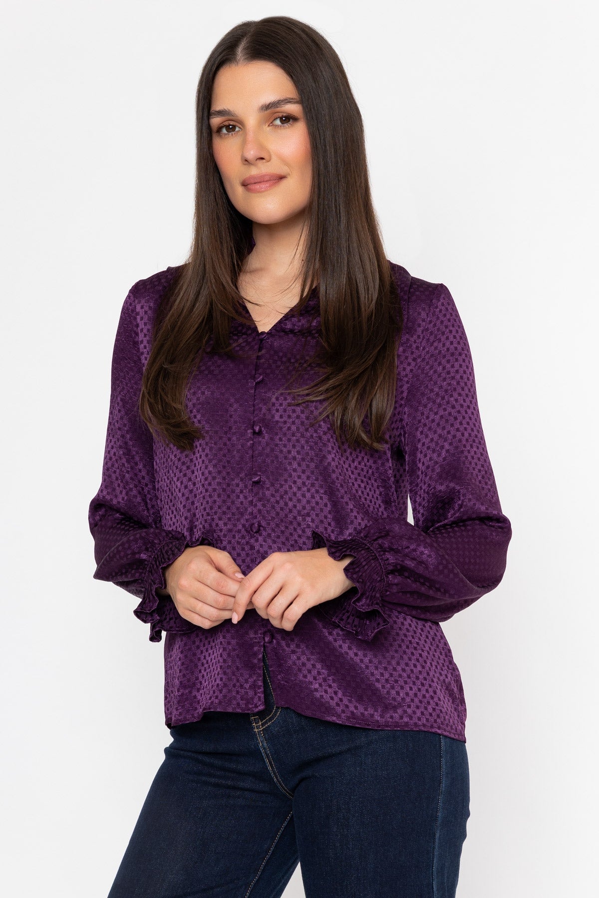 Plum Jacquard Satin Ruffle Hem Long Sleeve Blouse