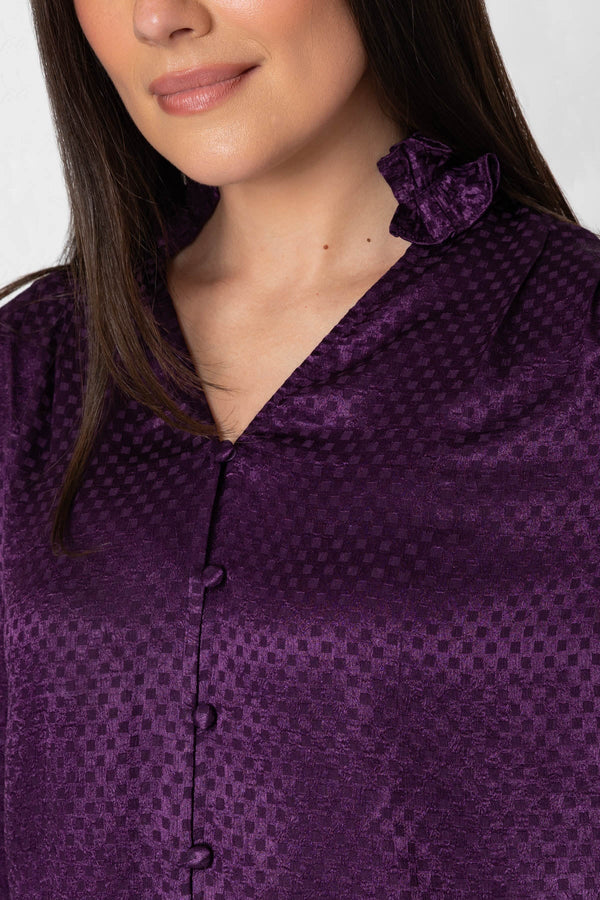 Carraig Donn Plum Jacquard Satin Ruffle Hem Long Sleeve Blouse