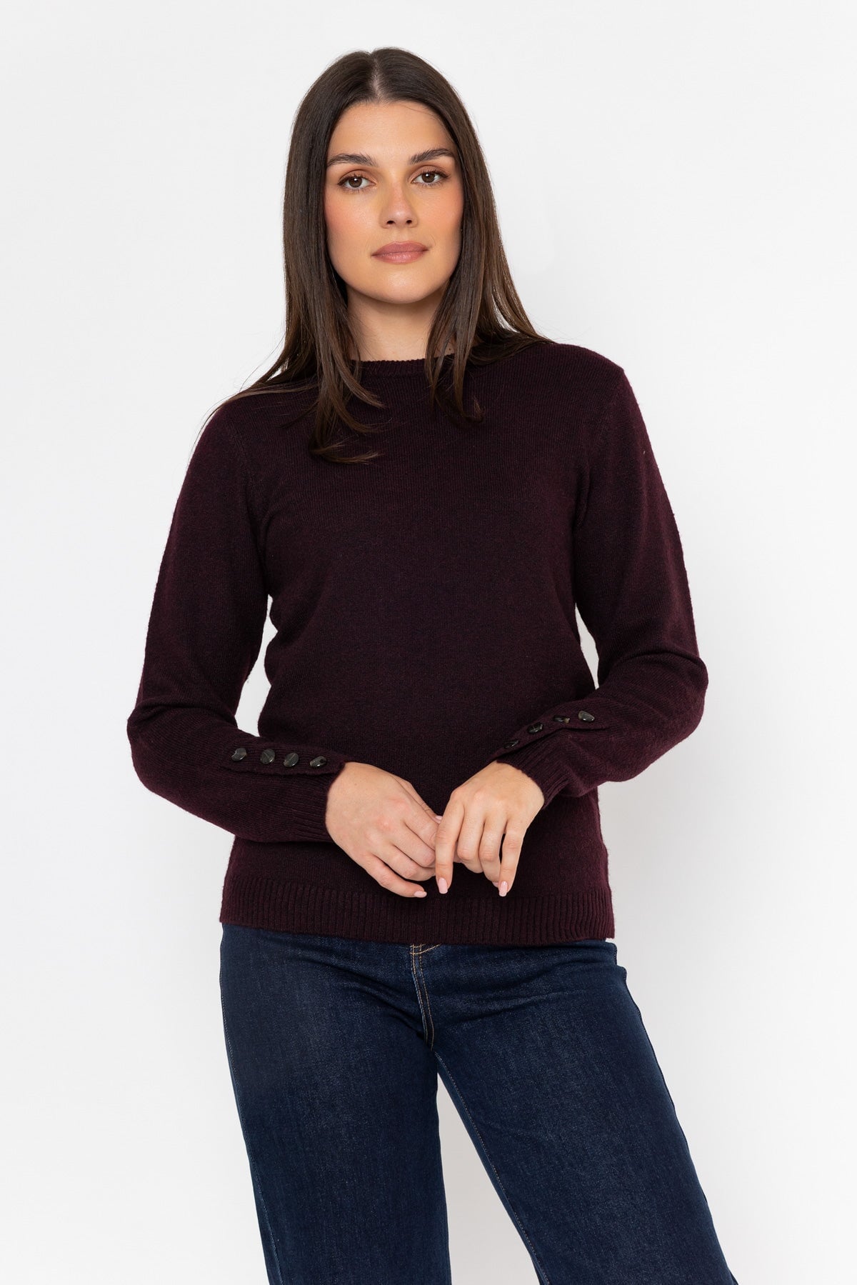 Burgundy Knitted Regular Fit Button Cuff Detail Long Sleeve Jumper