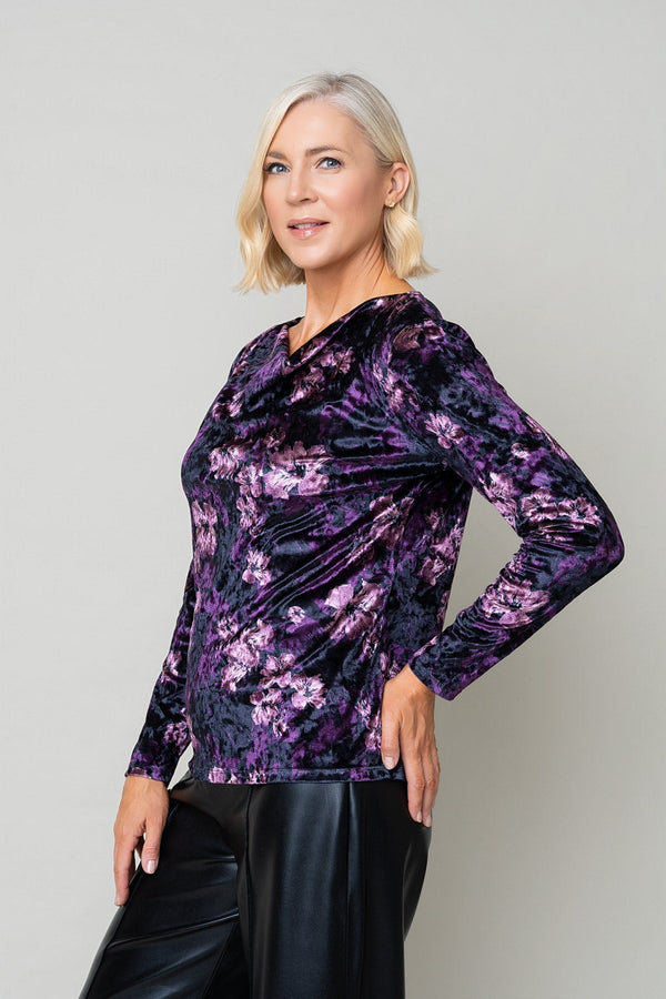 Carraig Donn Plum Printed Velvet Cowl Neck Long Sleeve Top