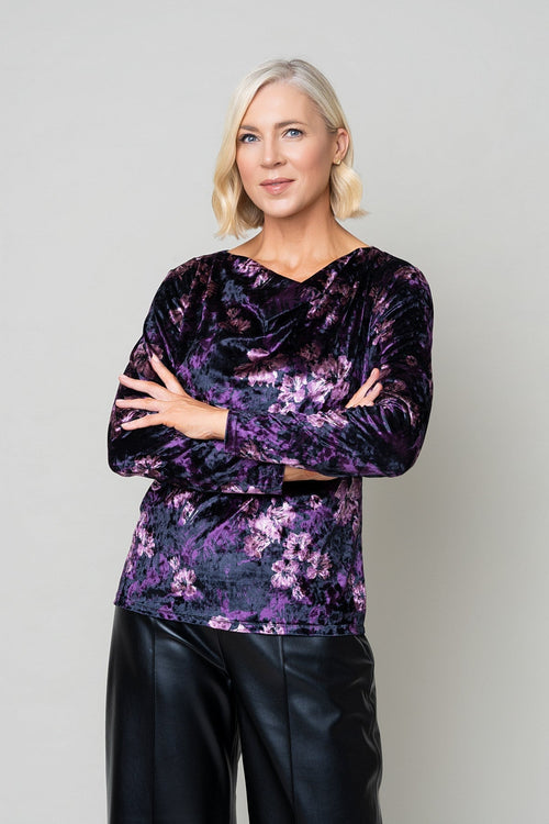 Plum Printed Velvet Cowl Neck Long Sleeve Top