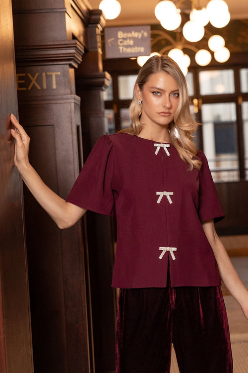 Plum Purple 3 Bow Detail Short Sleeve Top