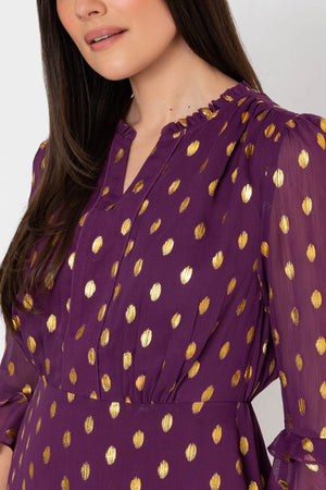 Carraig Donn Plum Purple Chiffon Gold Foil Print A-Line 3/4 Sleeve Midi Dress