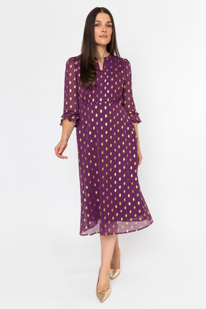 Carraig Donn Plum Purple Chiffon Gold Foil Print A-Line 3/4 Sleeve Midi Dress