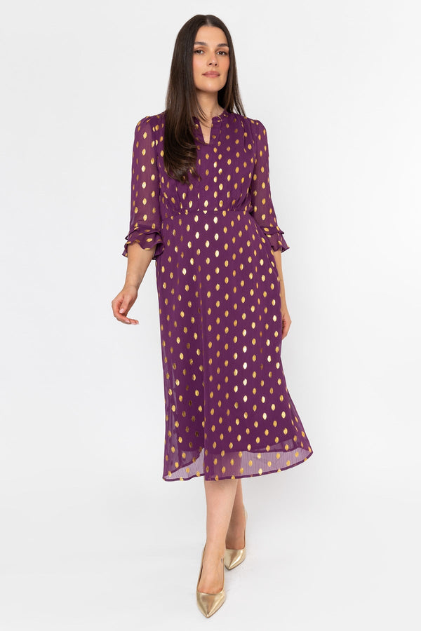 Carraig Donn Plum Purple Chiffon Gold Foil Print A-Line 3/4 Sleeve Midi Dress