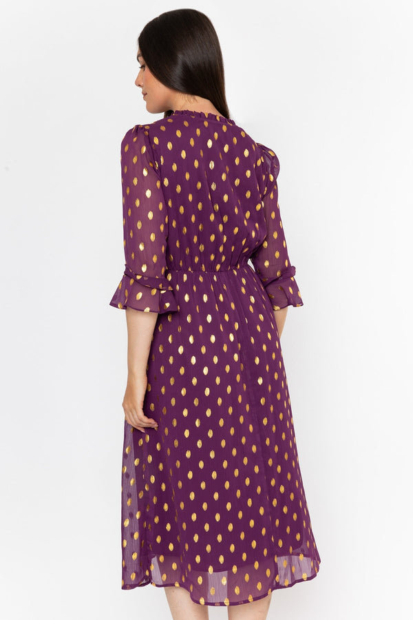 Carraig Donn Plum Purple Chiffon Gold Foil Print A-Line 3/4 Sleeve Midi Dress