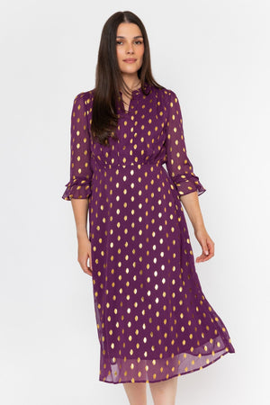 Carraig Donn Plum Purple Chiffon Gold Foil Print A-Line 3/4 Sleeve Midi Dress