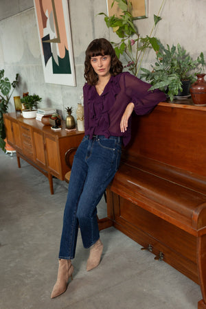 Carraig Donn Plum Purple Chiffon Regular Fit Frill Detail Long Sleeve Top