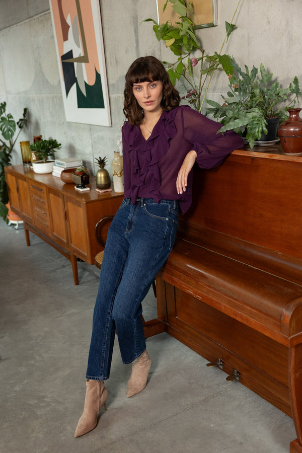 Carraig Donn Plum Purple Chiffon Regular Fit Frill Detail Long Sleeve Top