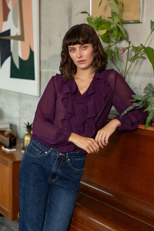 Plum Purple Chiffon Regular Fit Frill Detail Long Sleeve Top