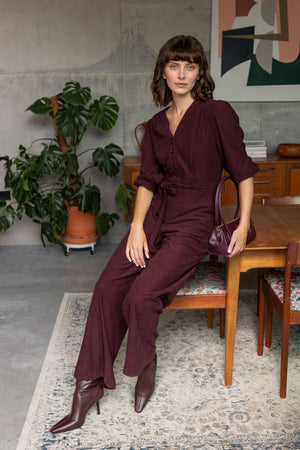 Carraig Donn Plum Purple Corduroy 3/4 Sleeve Wide Leg Jumpsuit