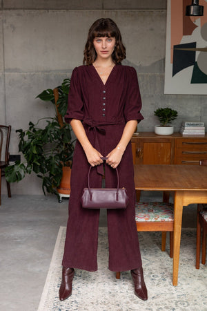 Carraig Donn Plum Purple Corduroy 3/4 Sleeve Wide Leg Jumpsuit