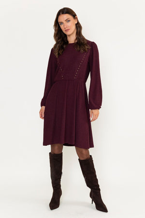 Carraig Donn Plum Texture Jersey Skater Studs Detail Long Sleeve Knee Length Dress