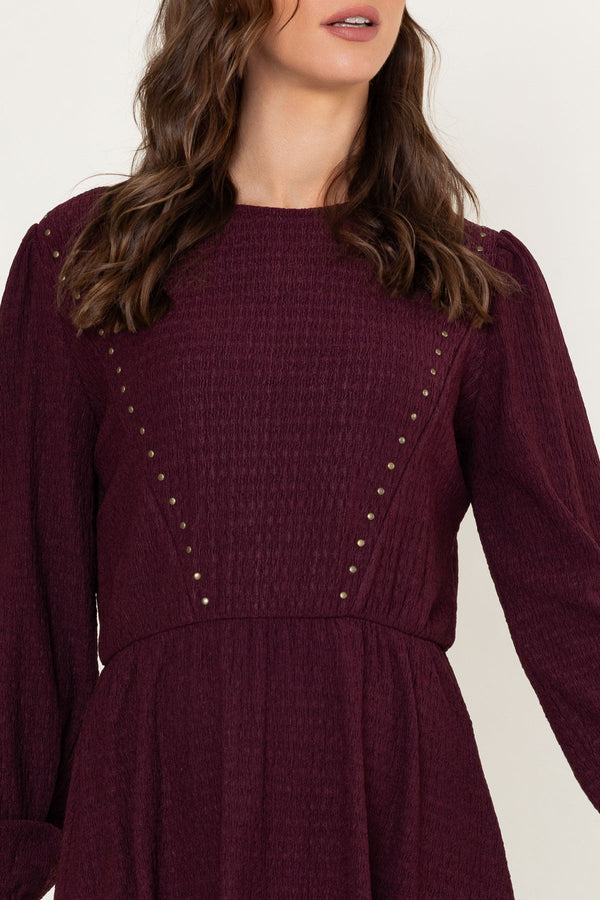 Carraig Donn Plum Texture Jersey Skater Studs Detail Long Sleeve Knee Length Dress