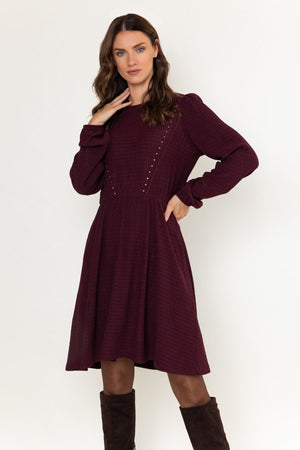 Carraig Donn Plum Texture Jersey Skater Studs Detail Long Sleeve Knee Length Dress