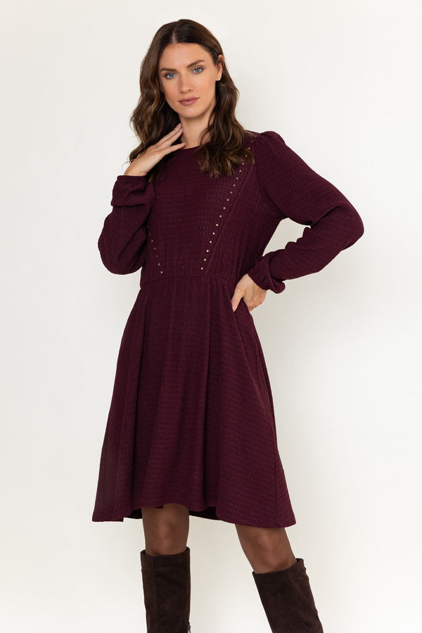 Carraig Donn Plum Texture Jersey Skater Studs Detail Long Sleeve Knee Length Dress