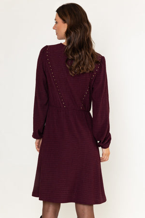 Carraig Donn Plum Texture Jersey Skater Studs Detail Long Sleeve Knee Length Dress
