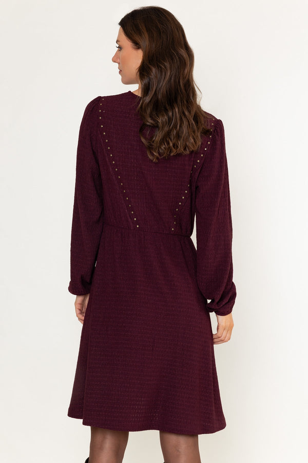 Carraig Donn Plum Texture Jersey Skater Studs Detail Long Sleeve Knee Length Dress