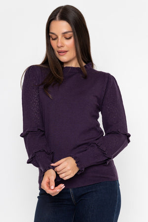 Carraig Donn Plum Viscose Blend Pointelle Ruffled Neck Long Sleeve Jumper