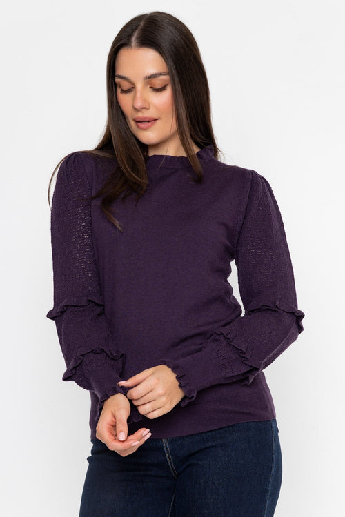 Plum Viscose Blend Pointelle Ruffled Neck Long Sleeve Jumper
