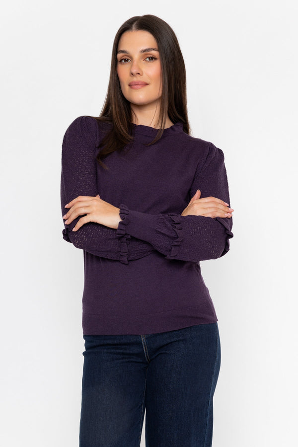 Carraig Donn Plum Viscose Blend Pointelle Ruffled Neck Long Sleeve Jumper