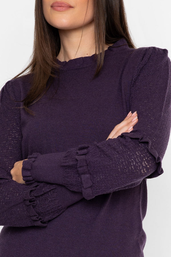 Carraig Donn Plum Viscose Blend Pointelle Ruffled Neck Long Sleeve Jumper