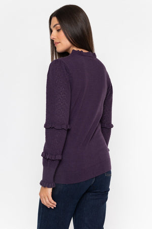 Carraig Donn Plum Viscose Blend Pointelle Ruffled Neck Long Sleeve Jumper