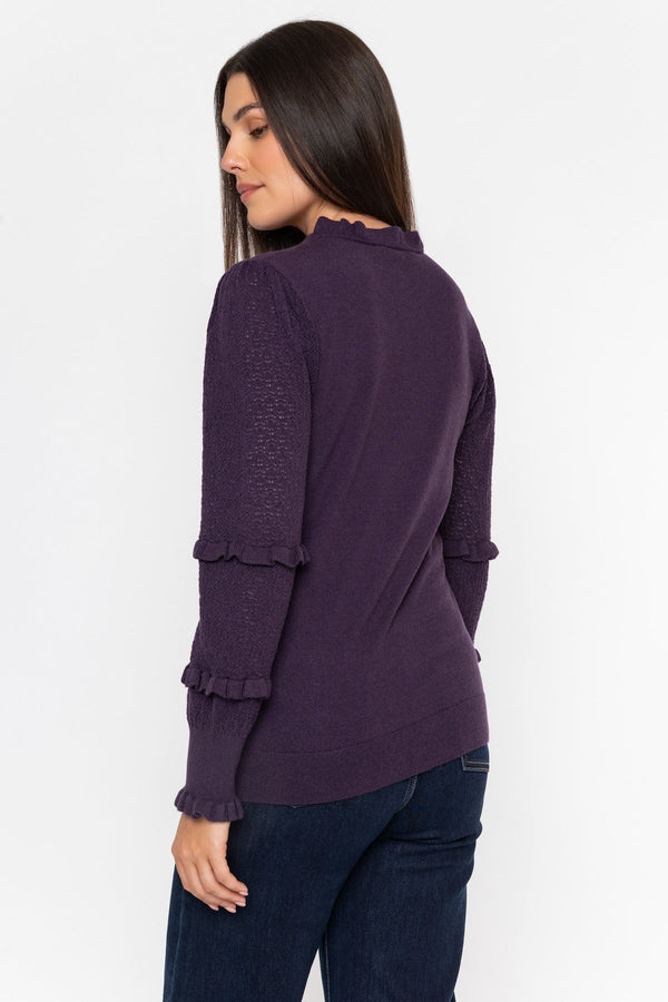 Carraig Donn Plum Viscose Blend Pointelle Ruffled Neck Long Sleeve Jumper
