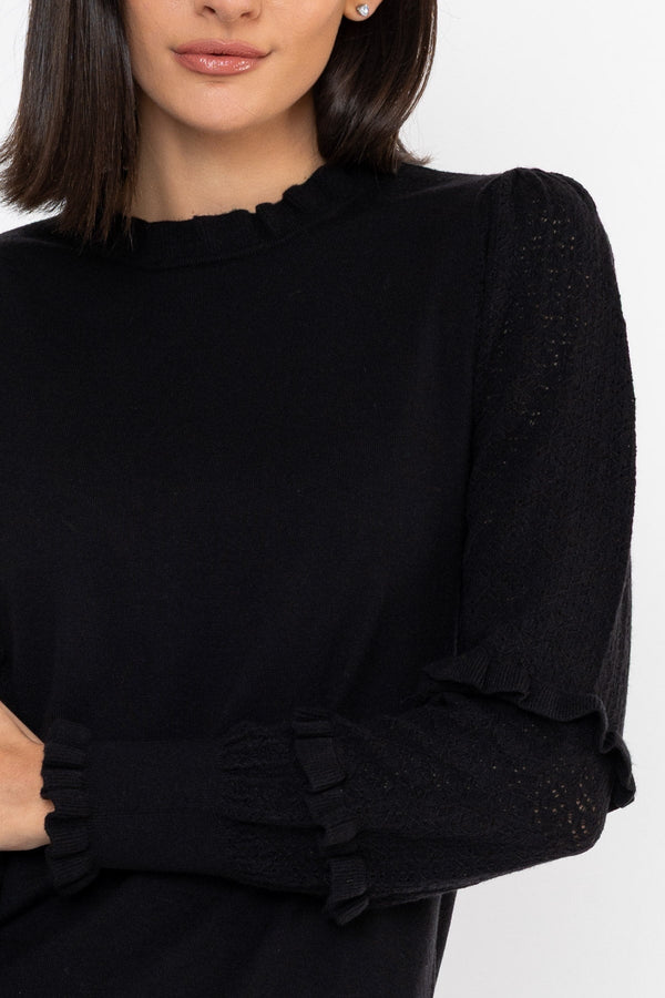 Carraig Donn Pointelle Ruffle Neck Knit Black