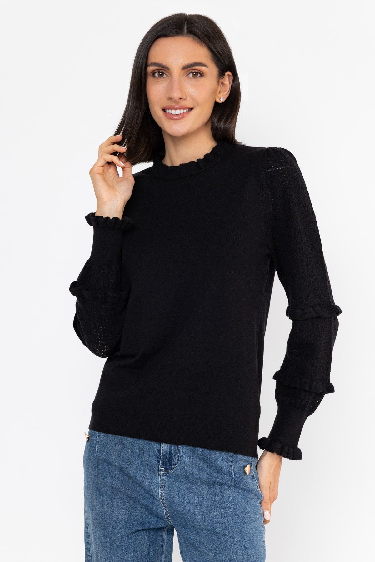 Black Viscose Blend Regular Fit Pointelle Ruffled Neck Long Sleeve Jumper