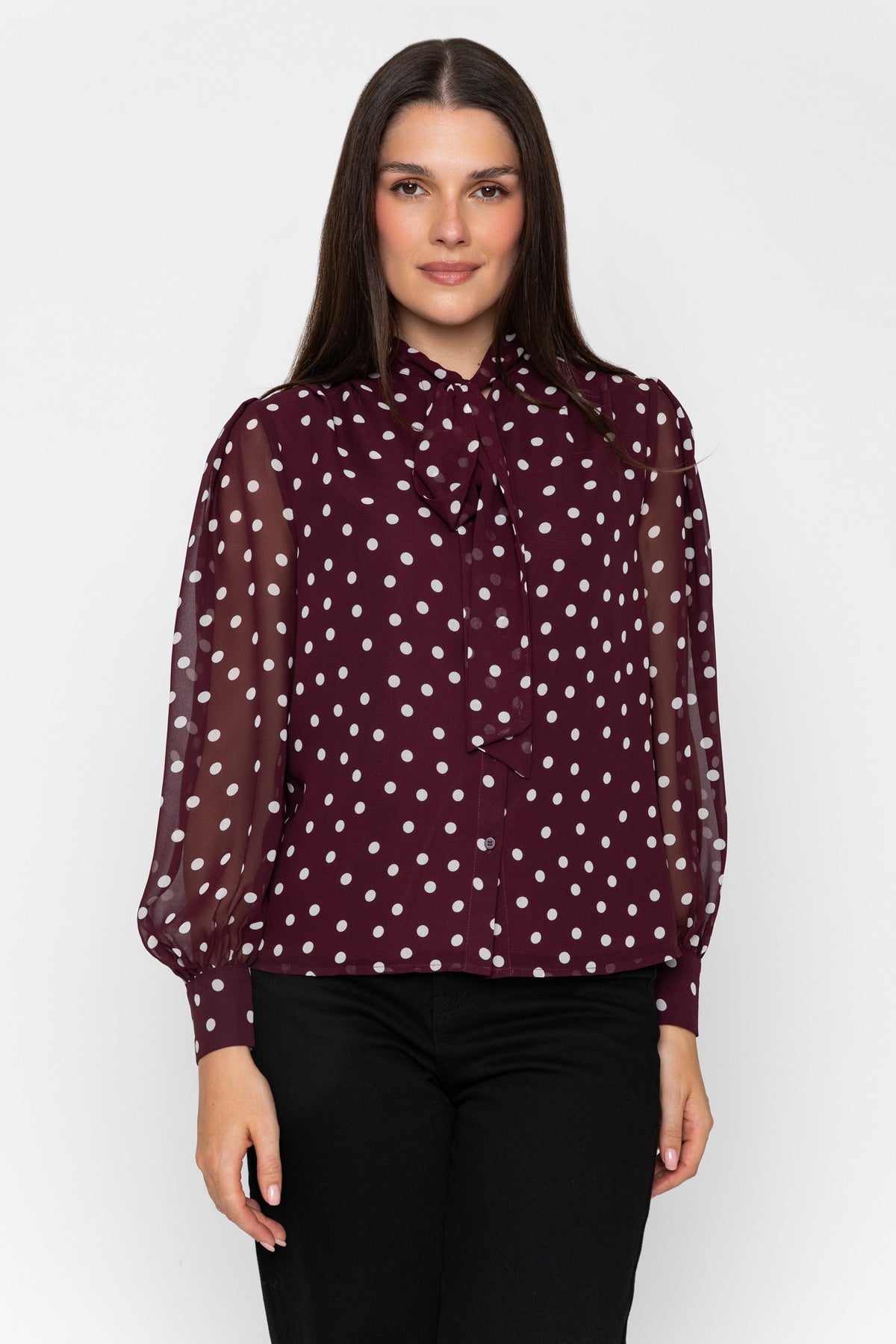 Burgundy Chiffon Polka Dot Tie Neck Long Sleeve Blouse