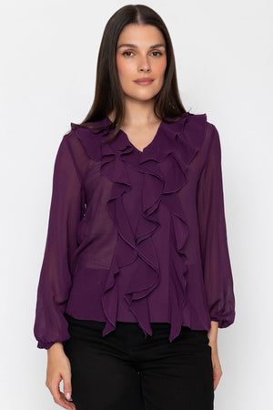 Carraig Donn Purple Chiffon Regular Fit Frill Detail Long Sleeve Top