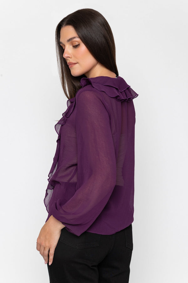 Carraig Donn Purple Chiffon Regular Fit Frill Detail Long Sleeve Top