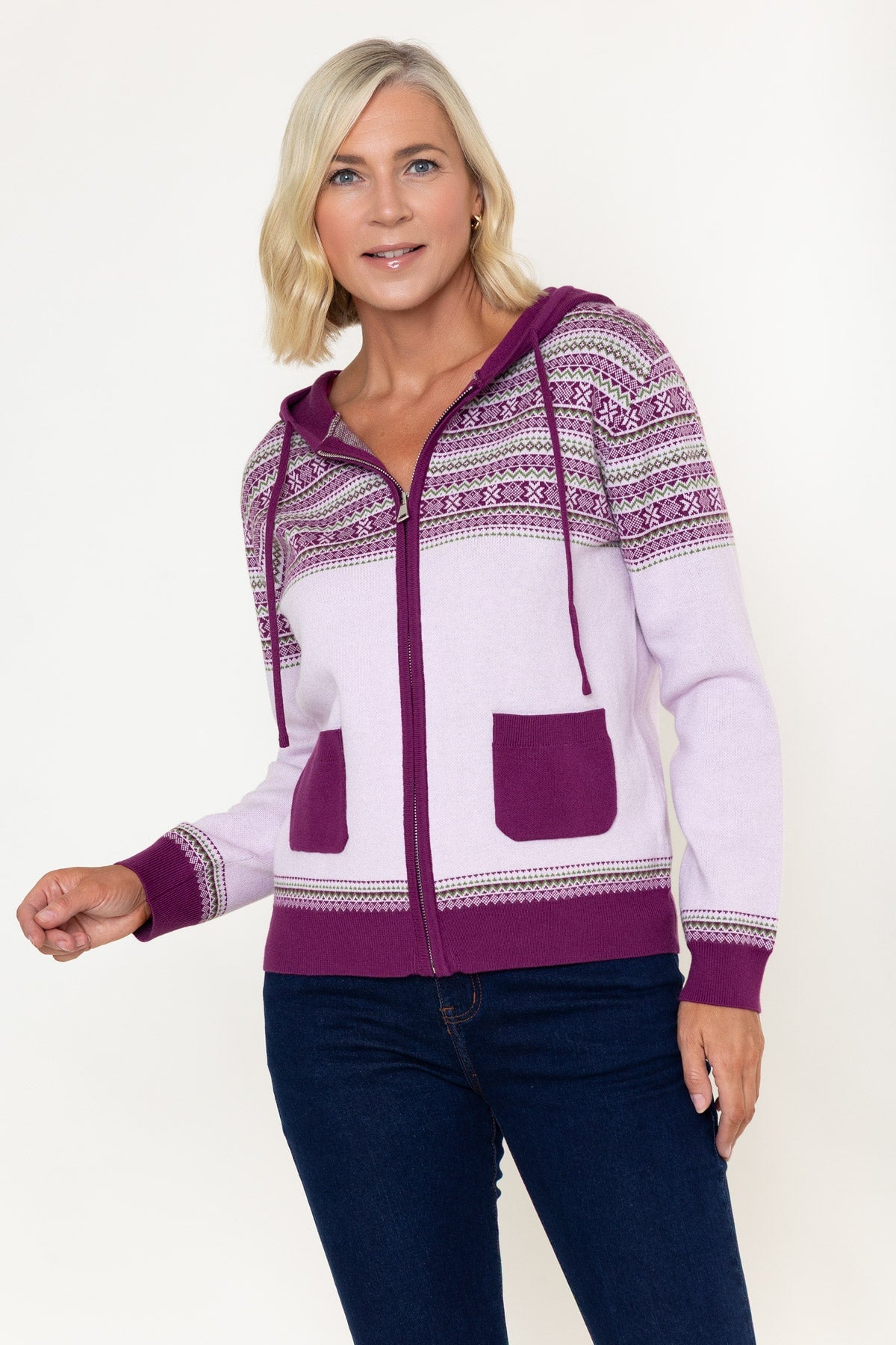 Purple Fairisle Zip Hooded Cardigan