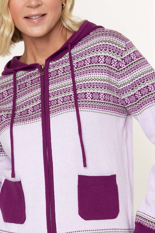 Carraig Donn Purple Fairisle Zip Hooded Cardigan