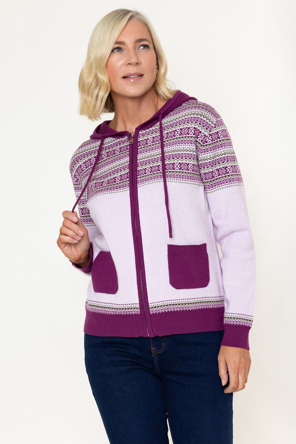 Carraig Donn Purple Fairisle Zip Hooded Cardigan