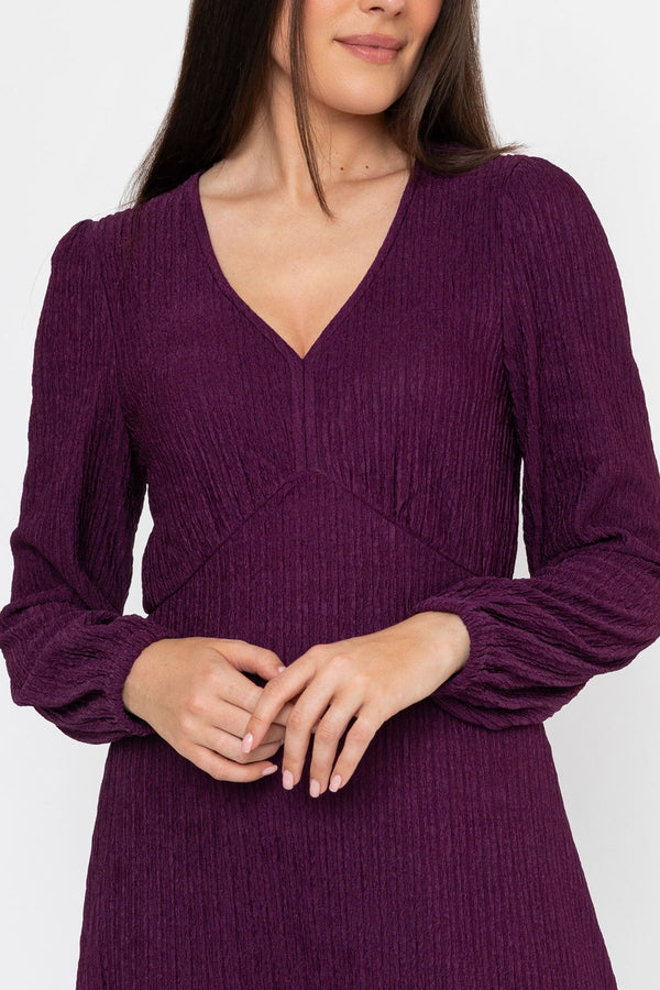 Carraig Donn Purple Jacquard Jersey Empire Waist Long Sleeve Midi Dress