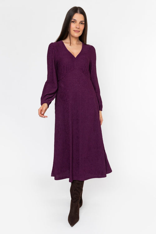 Plum Purple Jacquard Jersey Empire Waist Long Sleeve Midi Dress