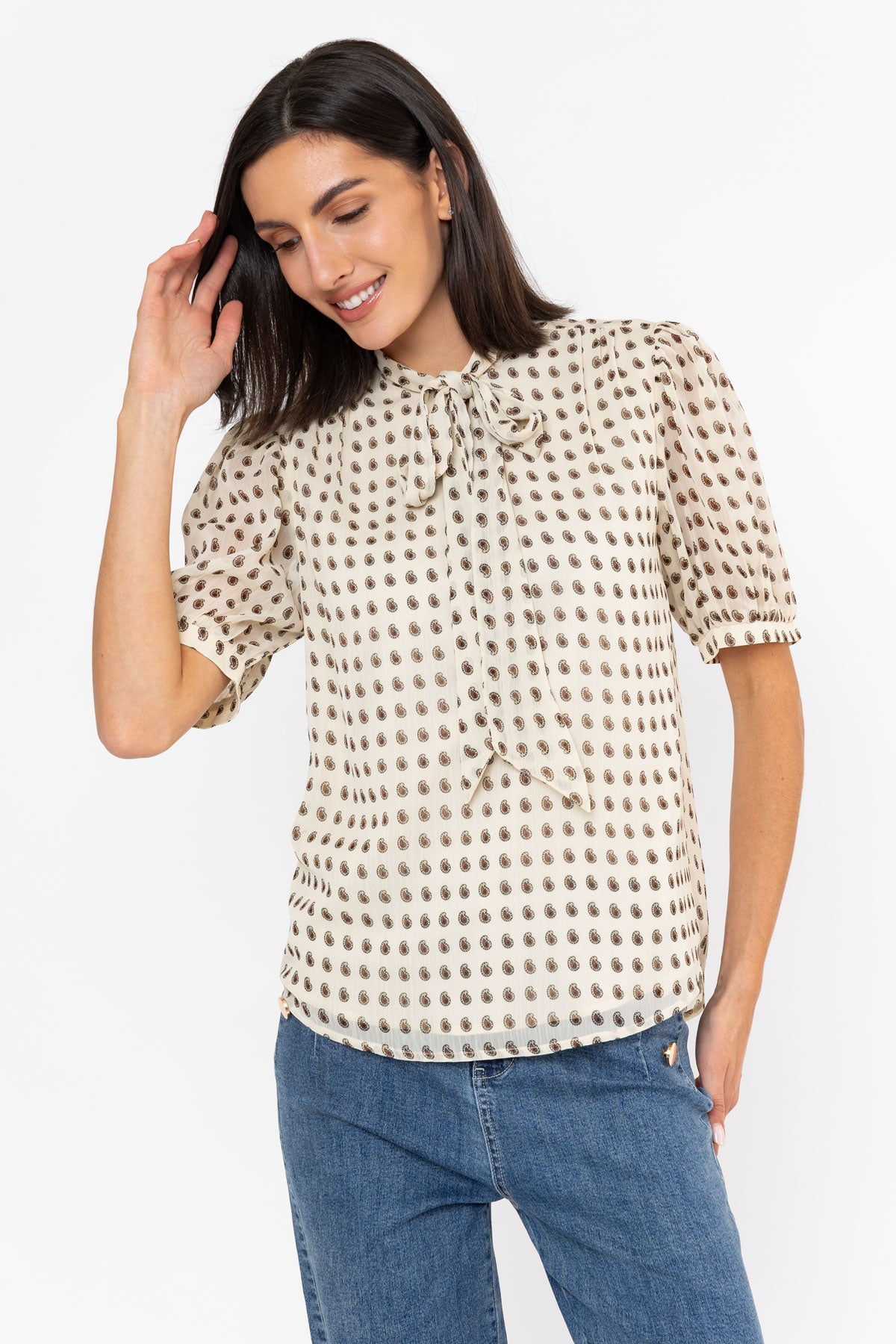 Cream Paisley Print Pussy Bow Short Sleeve Blouse