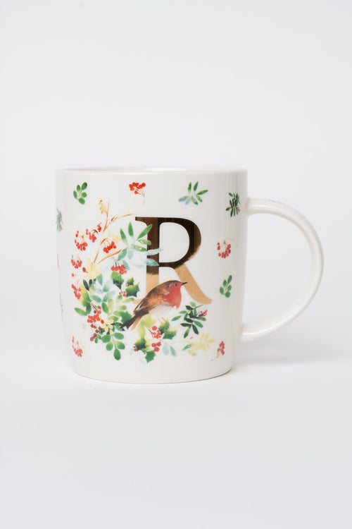 R Christmas Robin Leaf New Bone China Alphabet Mug
