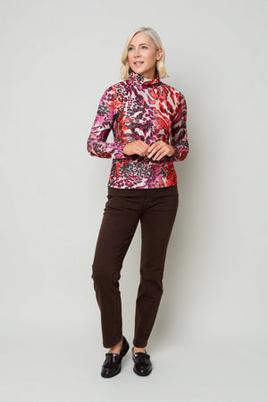 Carraig Donn Red Abstract Print Burnout Polo Neck Long Sleeve Top