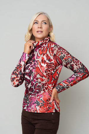Carraig Donn Red Abstract Print Burnout Polo Neck Long Sleeve Top
