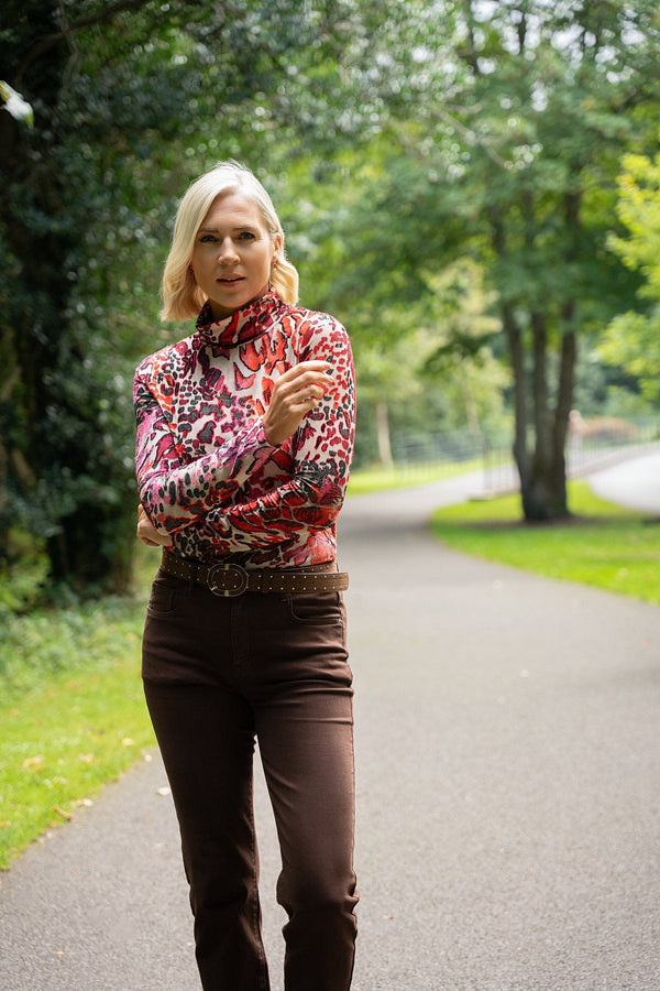 Carraig Donn Red Abstract Print Burnout Polo Neck Long Sleeve Top