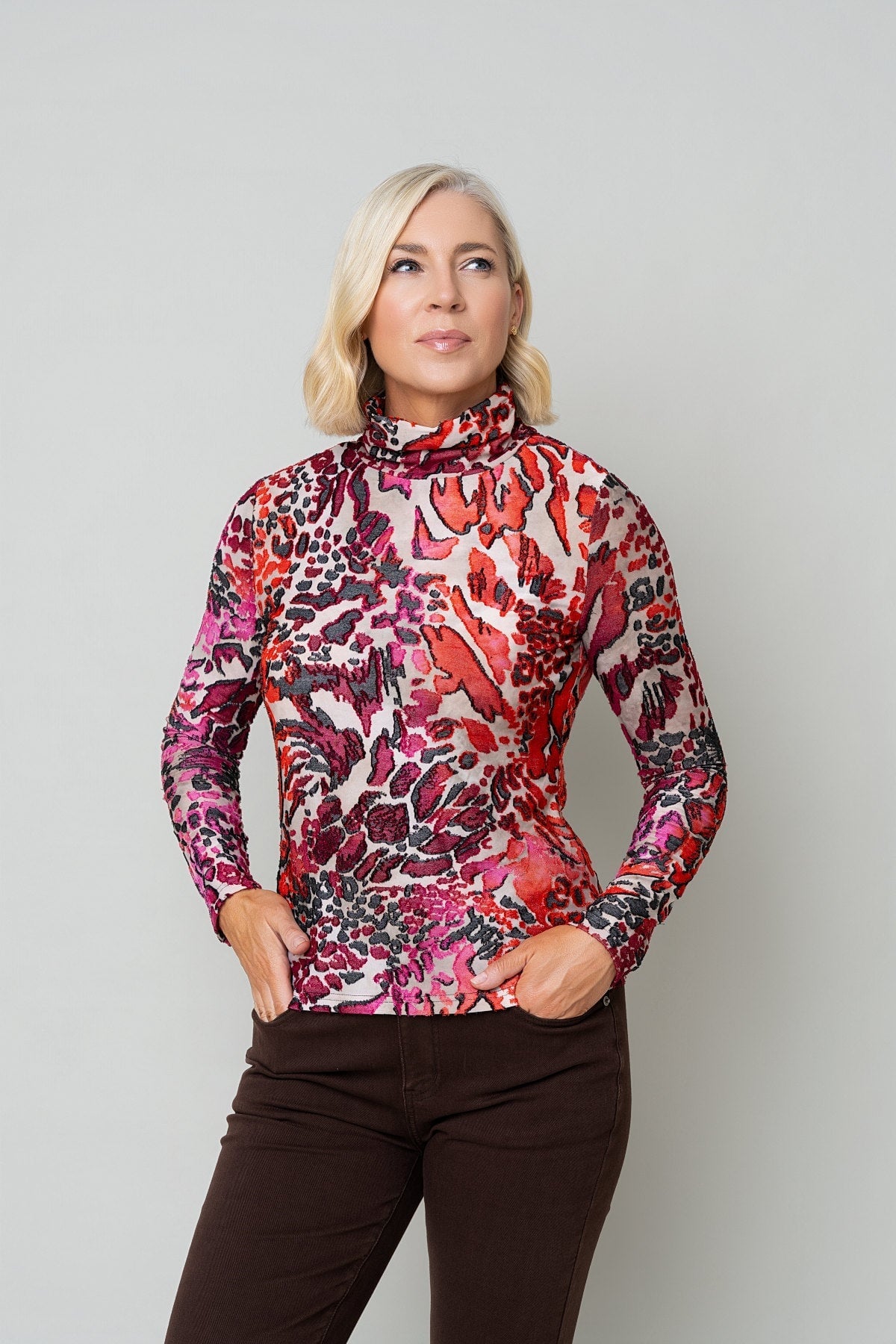 Red Abstract Print Burnout Polo Neck Long Sleeve Top