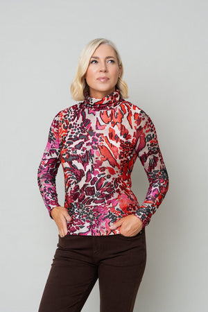 Carraig Donn Red Abstract Print Burnout Polo Neck Long Sleeve Top